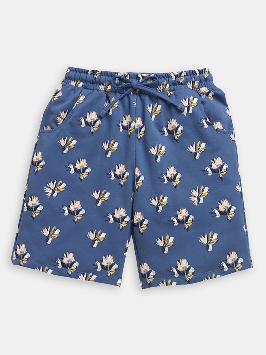 

Hopscotch Girls Floral Printed High-Rise Cotton Shorts, Blue