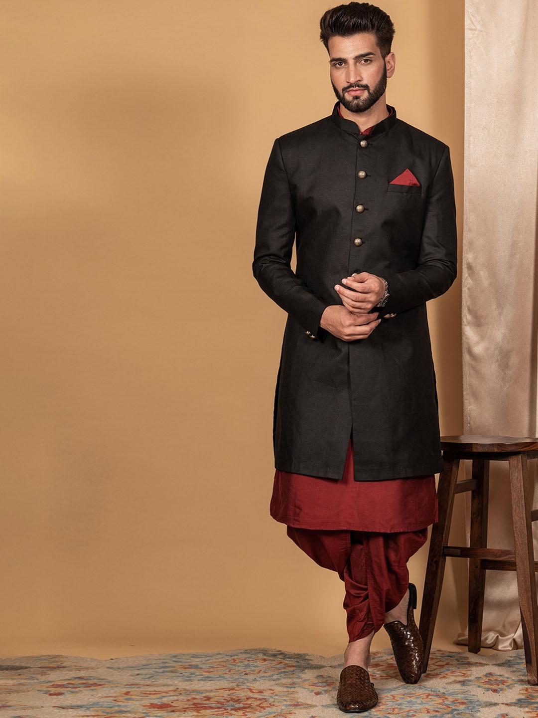 

KISAH Men Cotton Kurta Indowestern Sherwani Set, Maroon