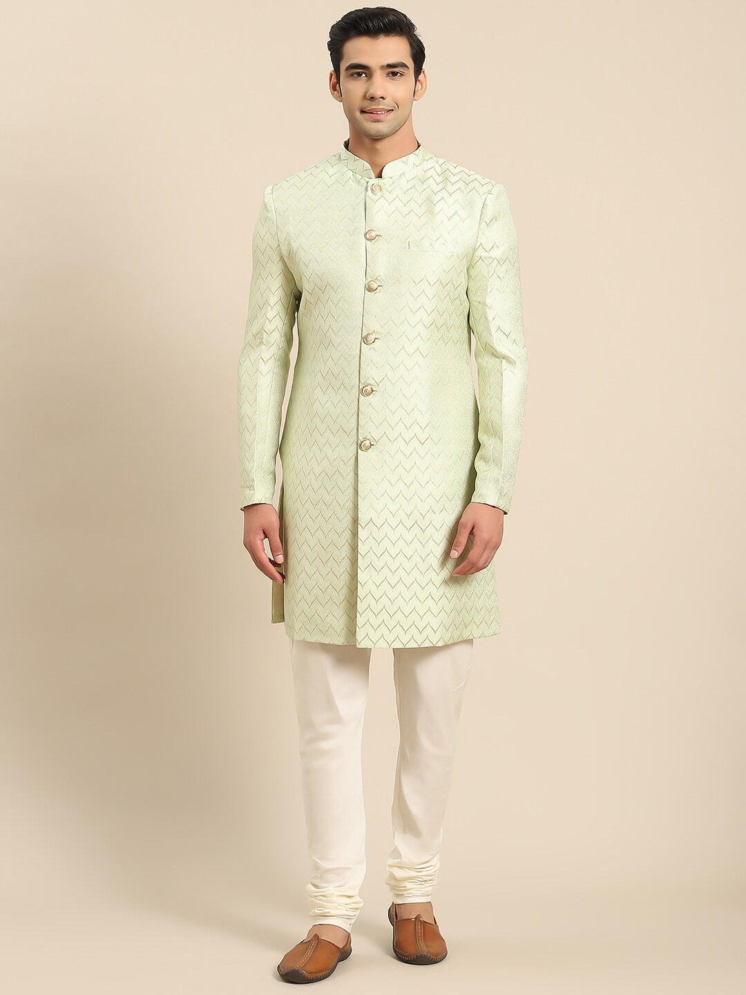 

KISAH Men Self-Design Mandarin Collar Cotton Indowestern Sherwani Set, Green