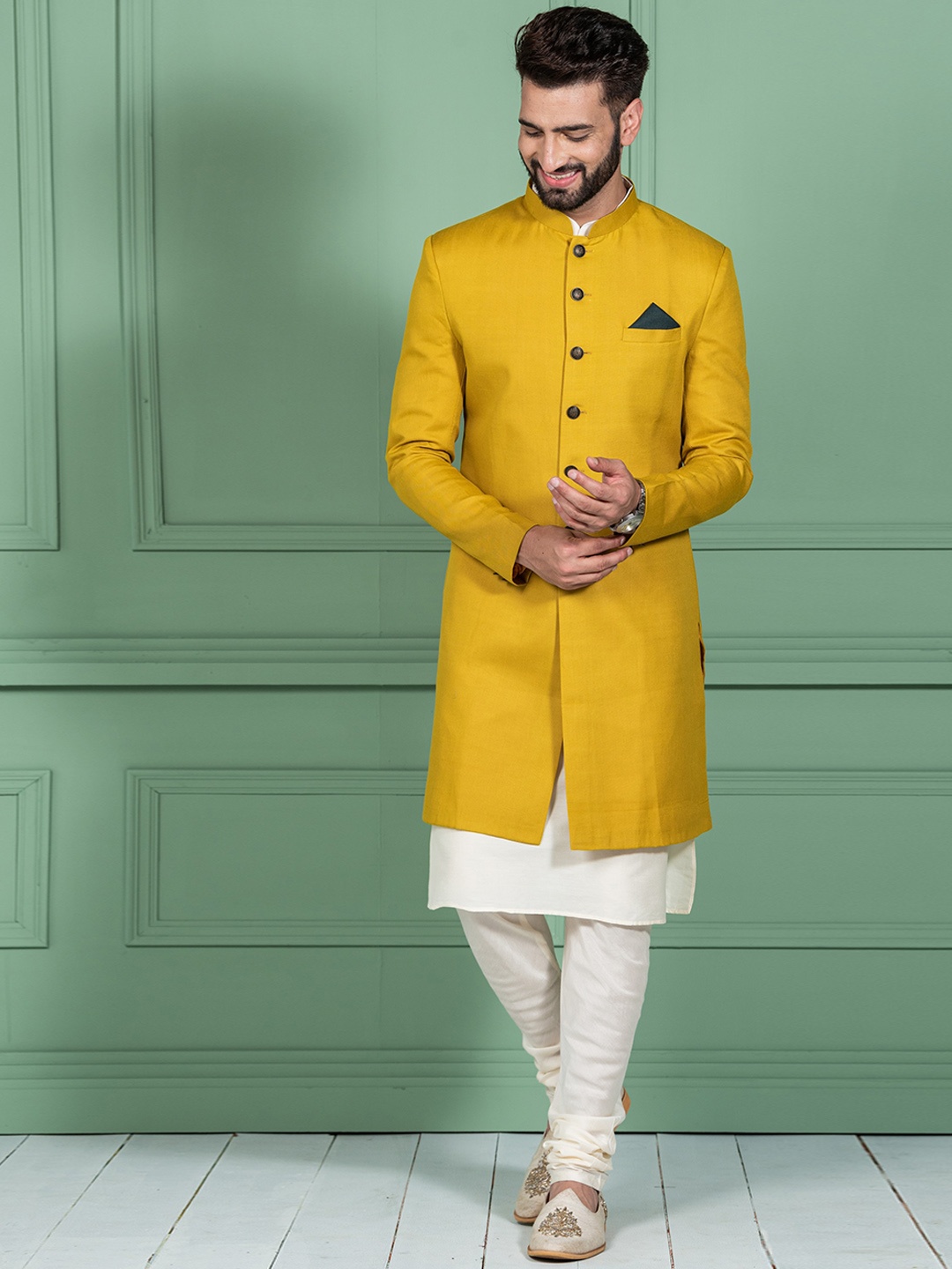 

KISAH Men Mandarin Collar Cotton Kurta Indowestern Sherwani Set, Mustard