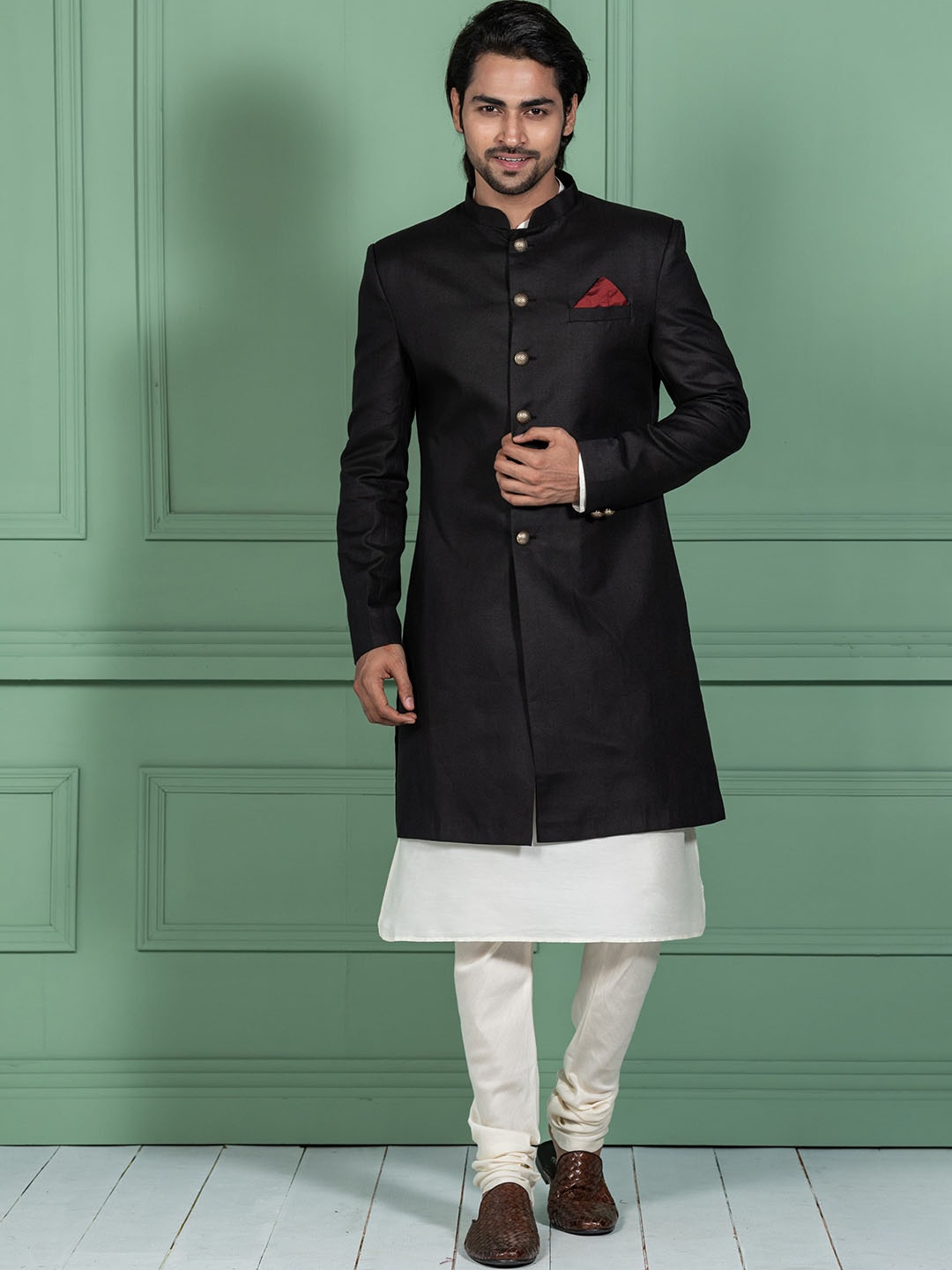 

KISAH Men Cotton Kurta With Churidar & Indo-Western Sherwani Set, Black