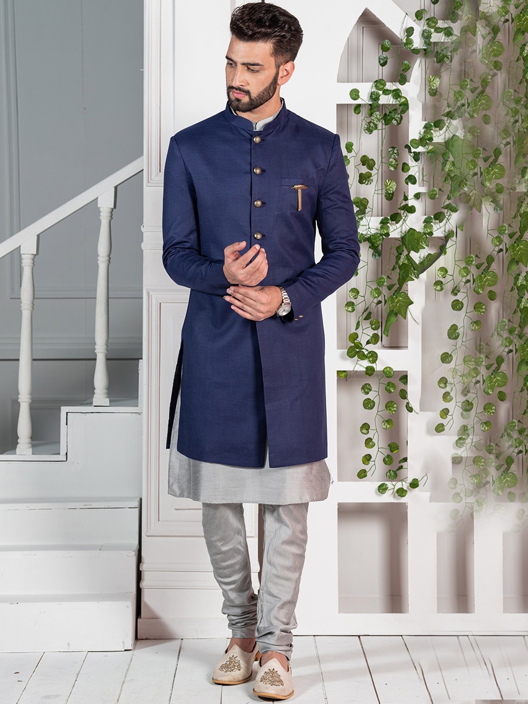 

KISAH Men Mandarin Collar Cotton Kurta Indowestern Sherwani Set, Navy blue