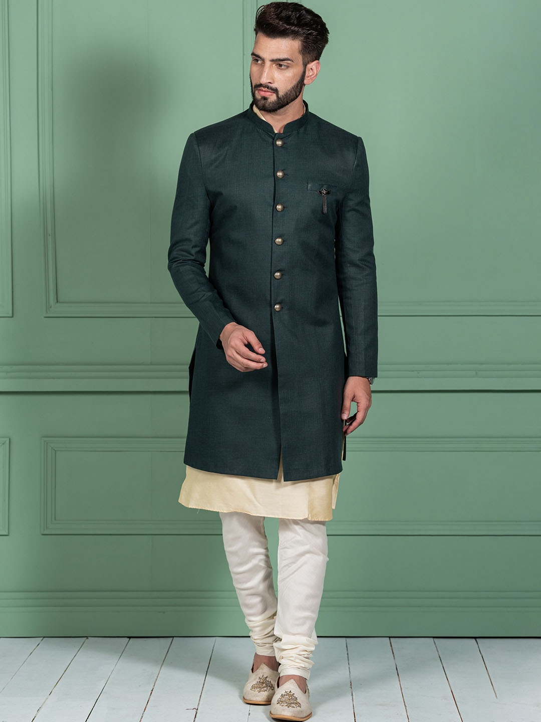 

KISAH Men Cotton Self-Design Kurta Indowestern Sherwani Set, Teal