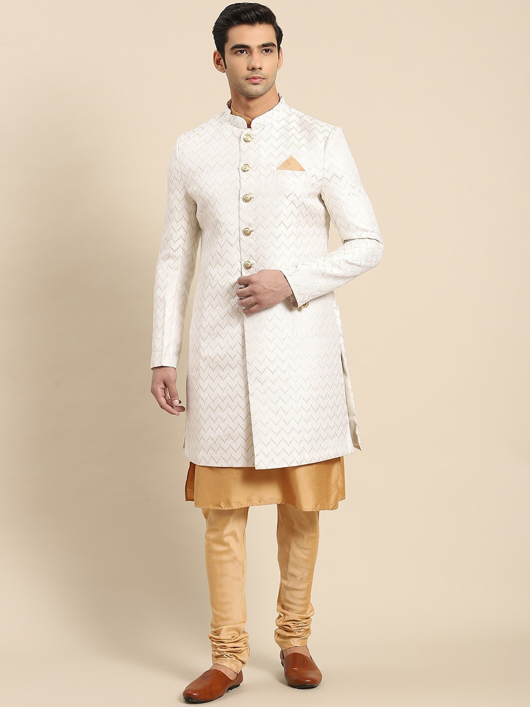 

KISAH Men Mandarin Collar Cotton Kurta Indowestern Sherwani Set, White