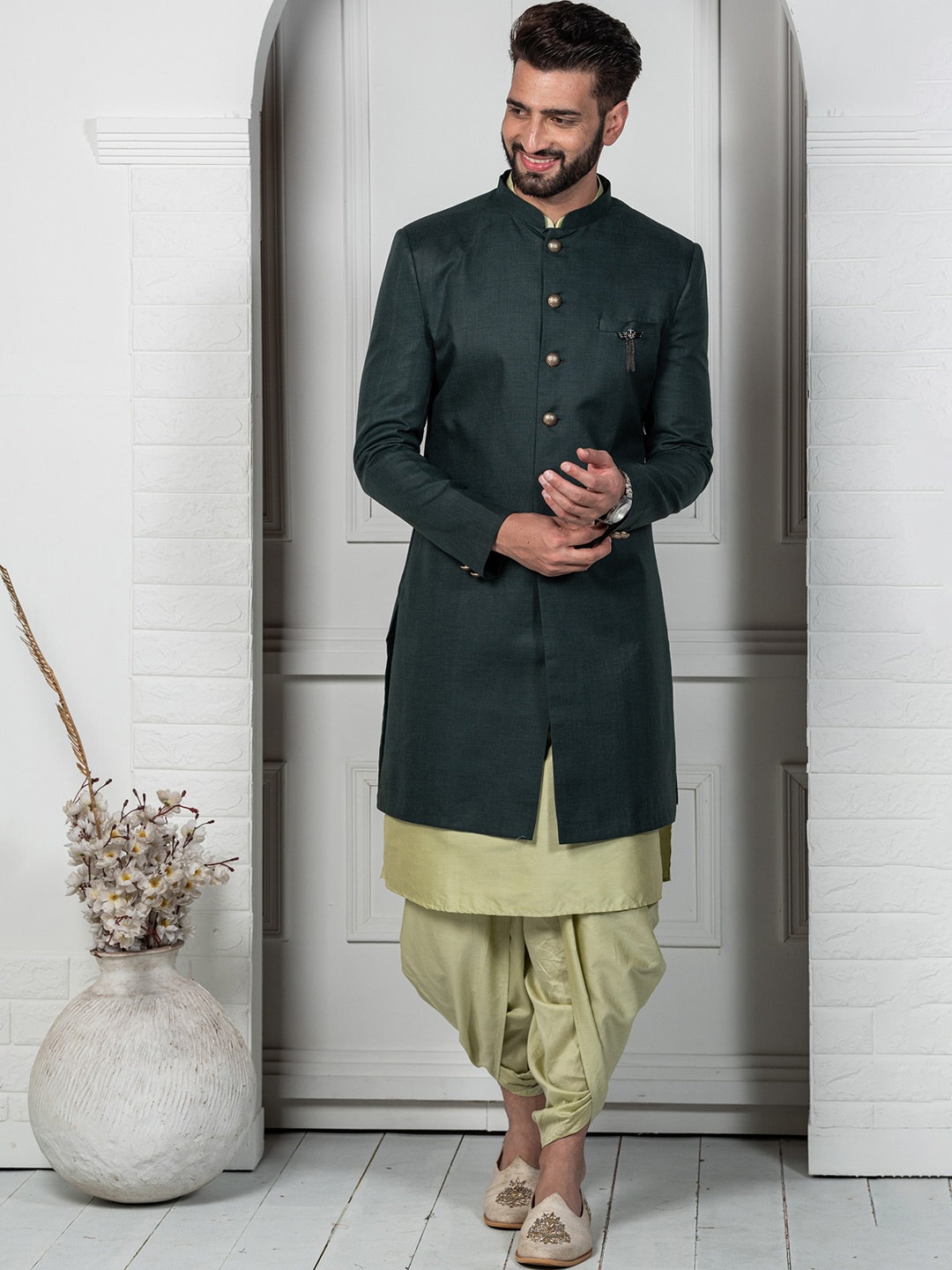 

KISAH Men Mandarin Collar Cotton Kurta Indowestern Sherwani Set, Green