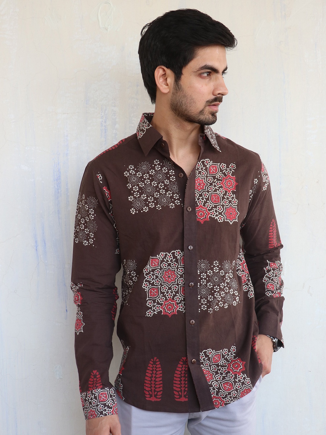 

Chidiyaa Standard Ethnic Motifs Printed Casual Cotton Shirt, Brown