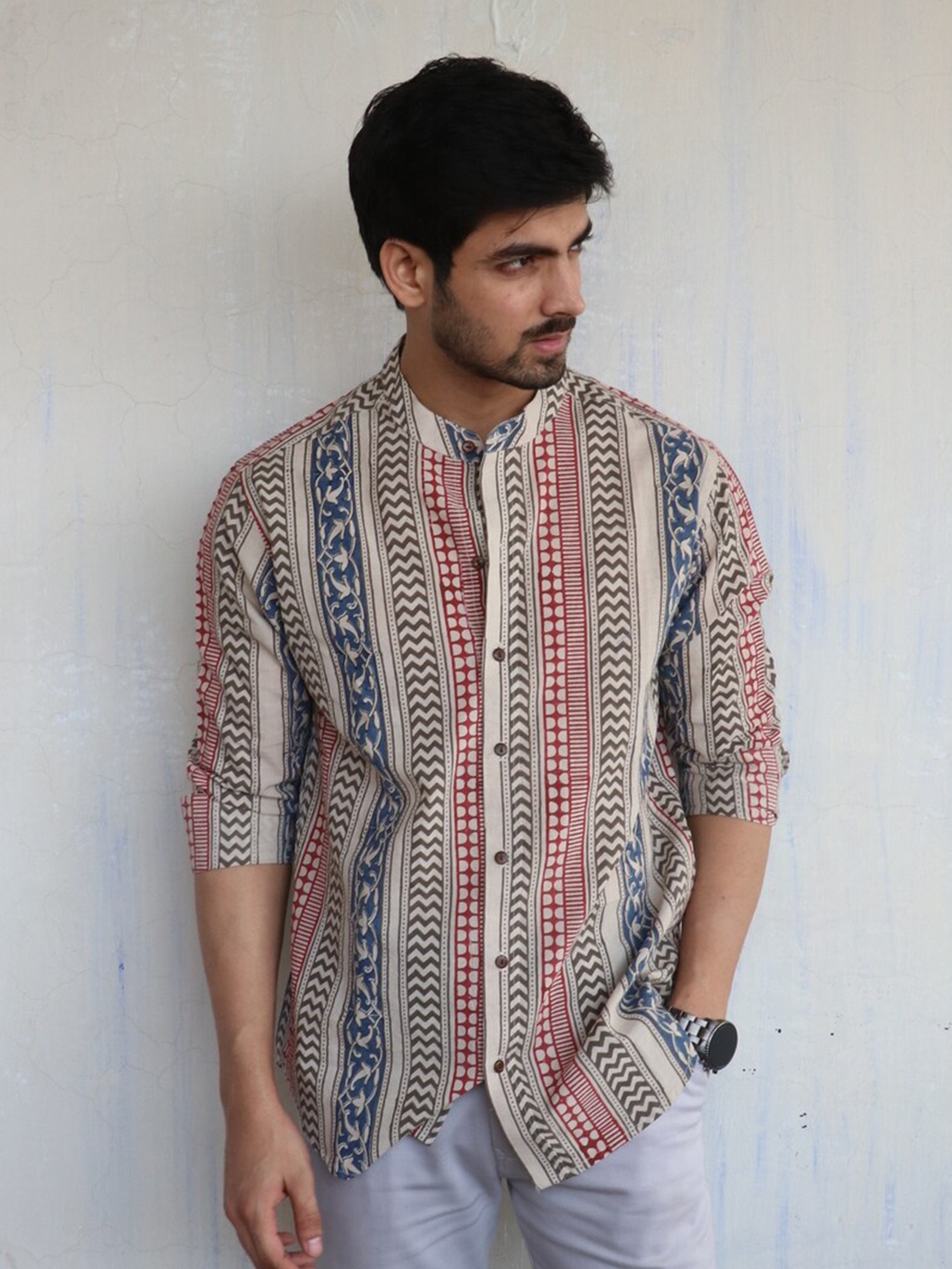 

Chidiyaa Standard Tribal Printed Mandarin Collar Cotton Casual Shirt, Beige