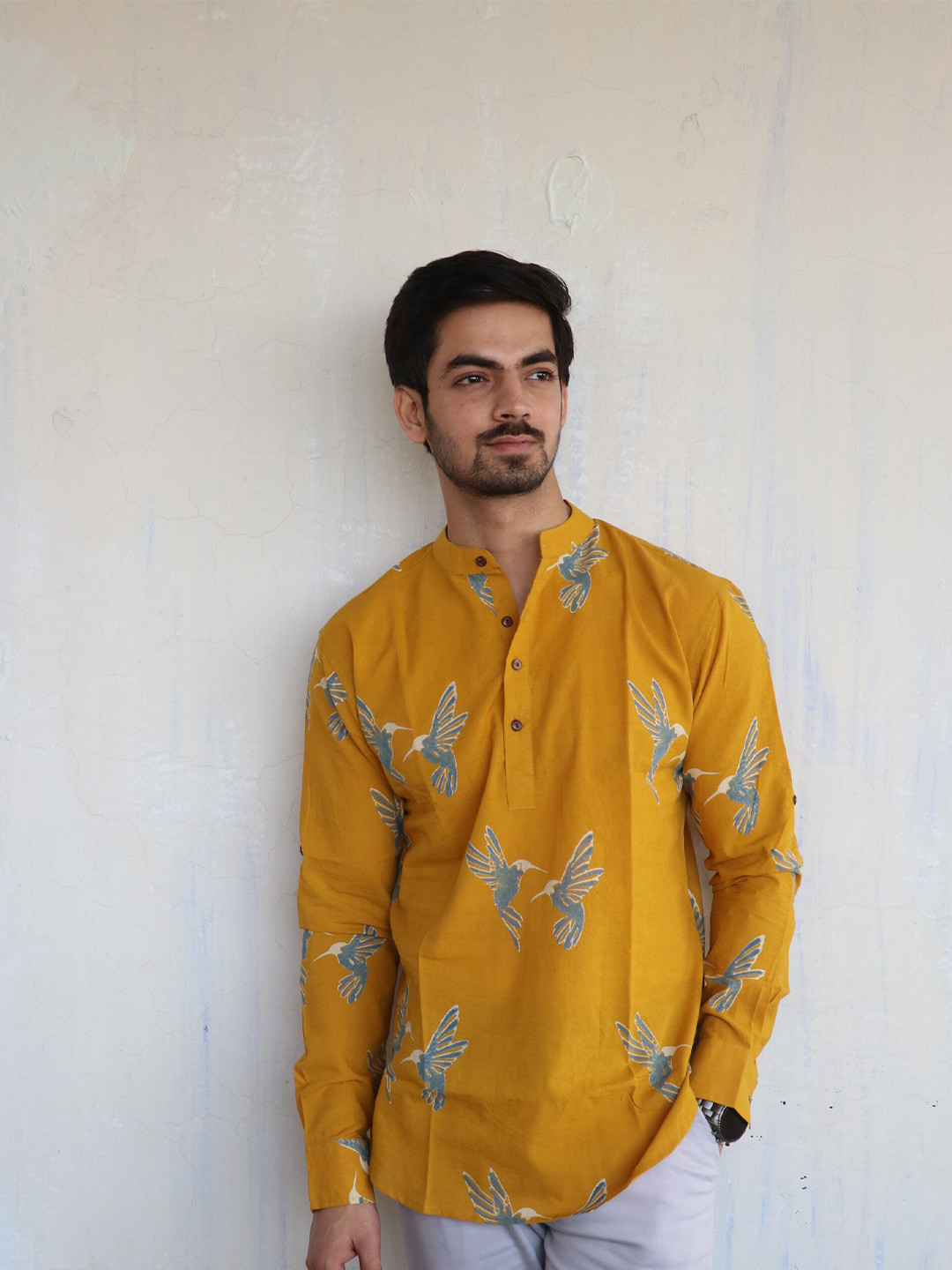 

Chidiyaa Standard Conversational Printed Mandarin Collar Casual Cotton Shirt, Mustard