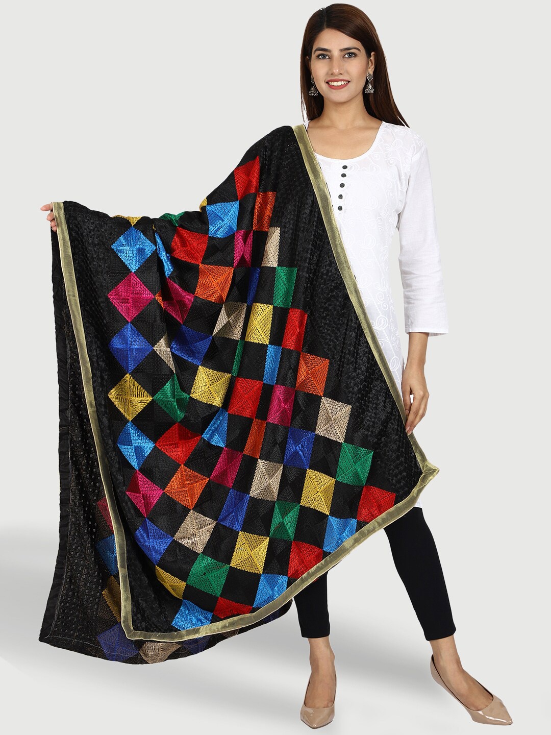 

SWI Stylish Embroidered Dupatta with Phulkari, Black