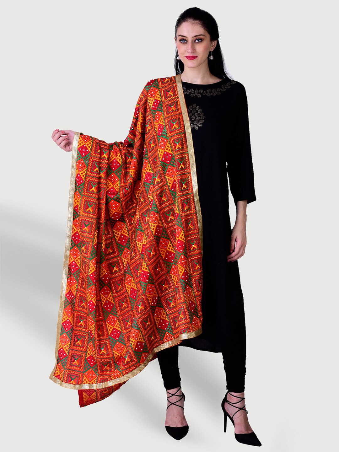 

SWI Stylish Embroidered Dupatta with Phulkari, Red