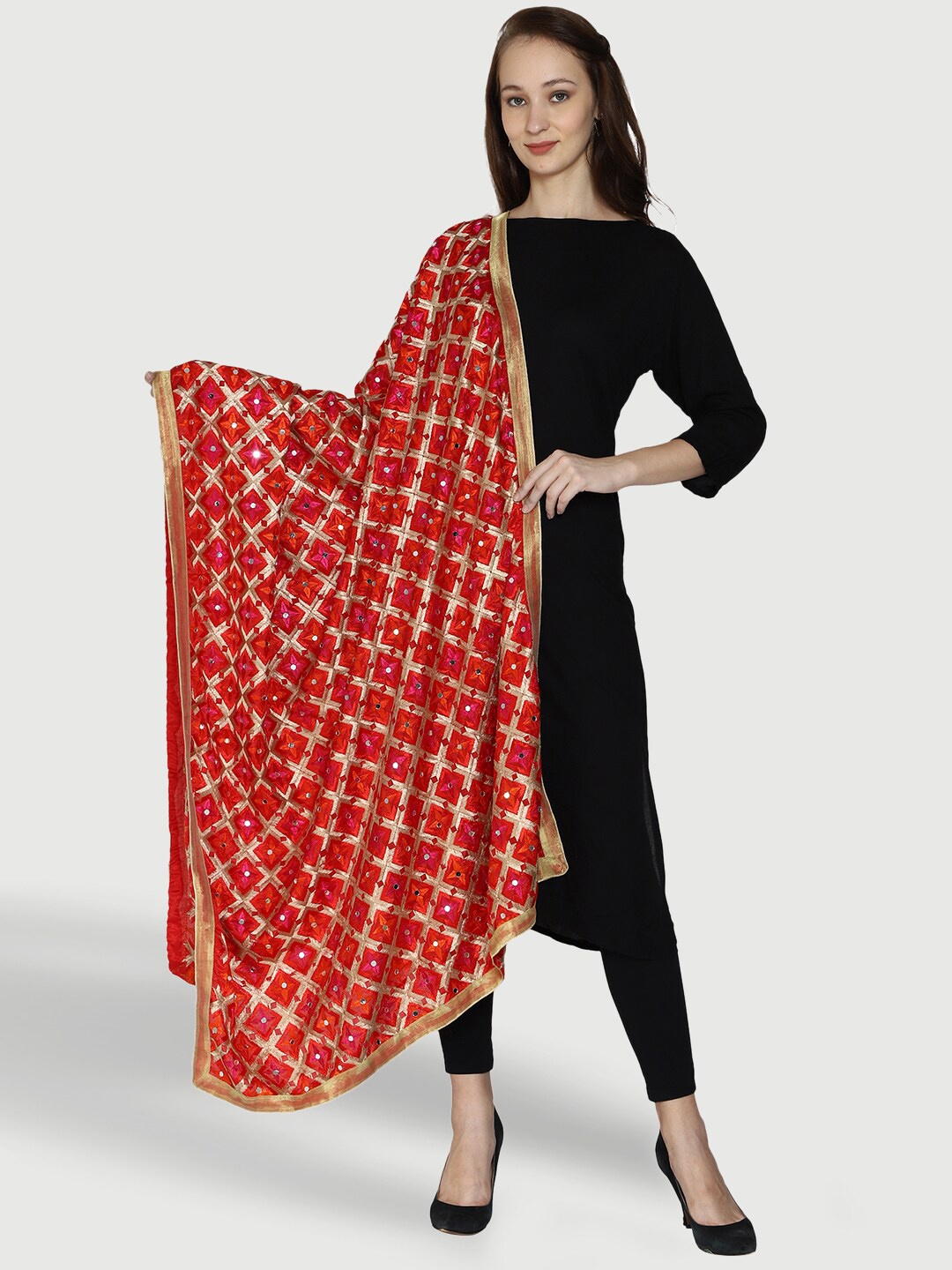 SWI Stylish Embroidered Dupatta with Phulkari, Red