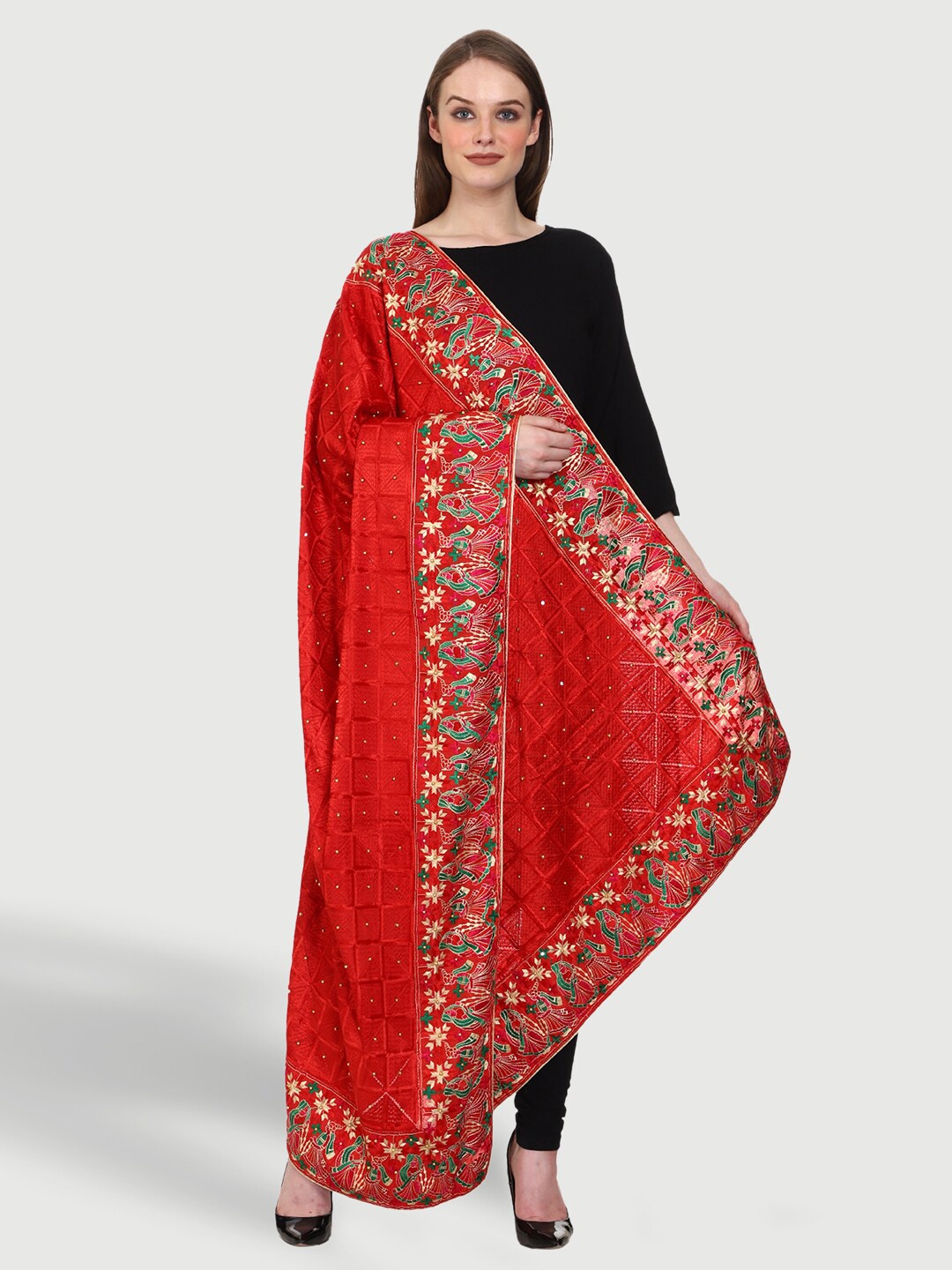 

SWI Stylish Embroidered Dupatta With Phulkari, Red