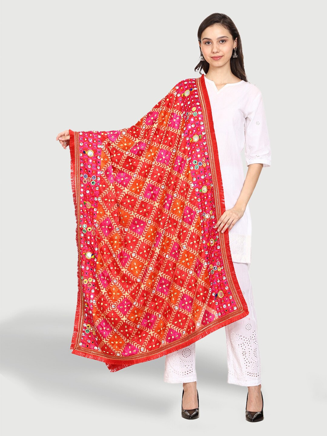 

SWI Stylish Embroidered Dupatta with Phulkari, Red