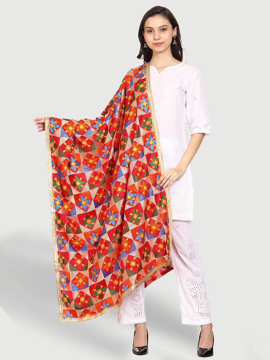 

SWI Stylish Embroidered Dupatta with Phulkari, Red