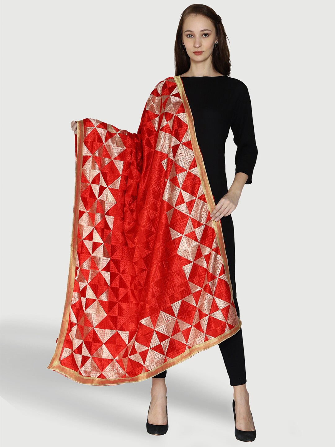 

SWI Stylish Embroidered Dupatta with Phulkari, Red