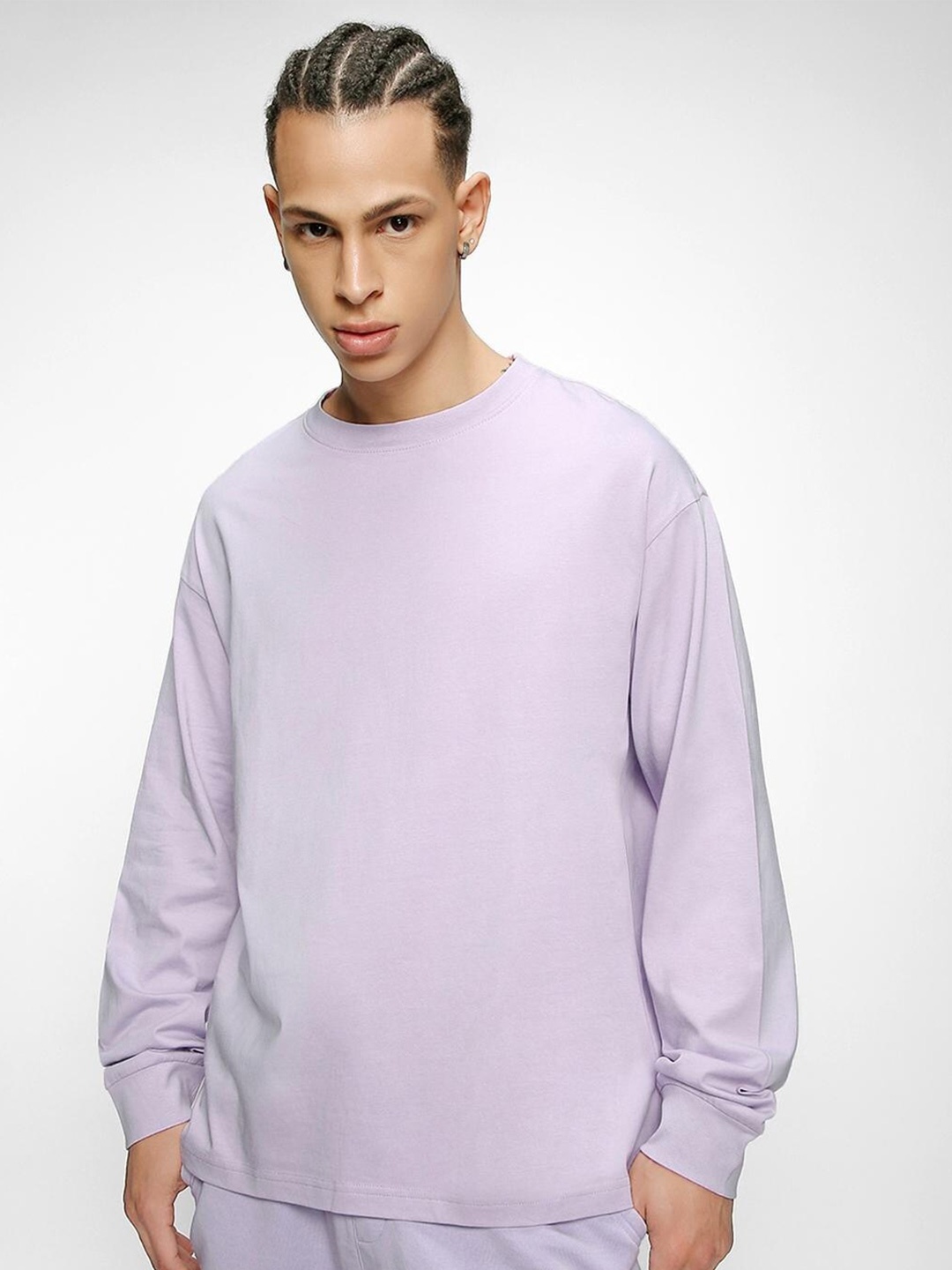 

Bewakoof Drop Shoulder Sleeves Cotton Oversized T-shirt, Lavender