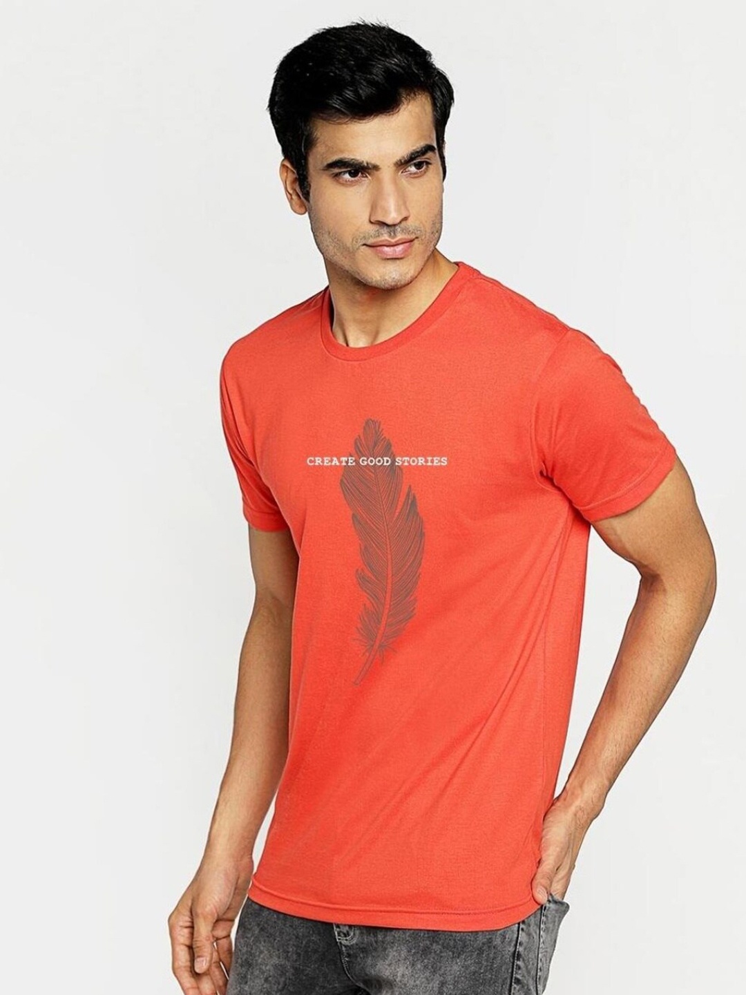 

Bewakoof Orange Graphic Printed Round Neck Breathable Cotton T-shirt