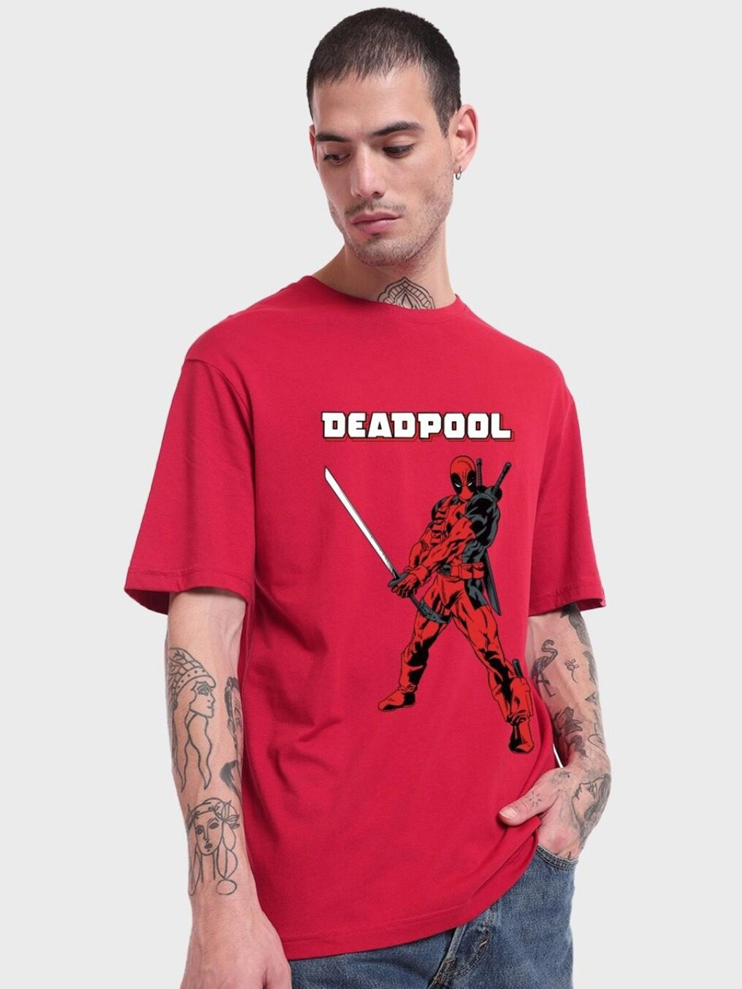 

Bewakoof Deadpool Printed Loose Cotton T-shirt, Red