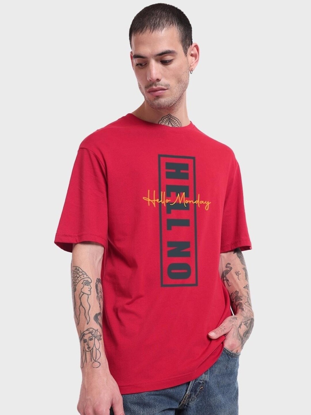 

Bewakoof Typography Printed Loose T-shirt, Red