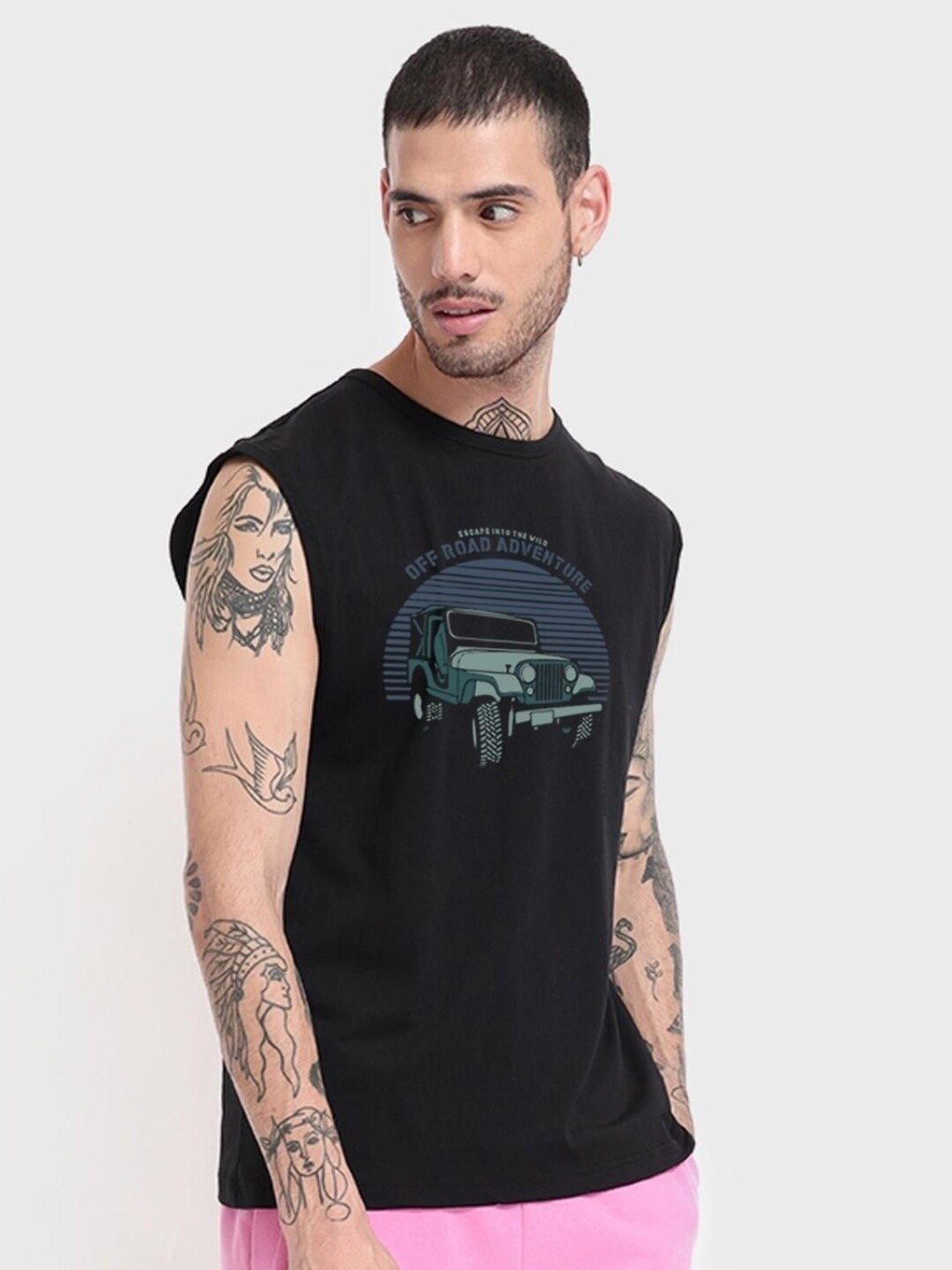 

Bewakoof Men's Off Road Jeep Graphic Printed Oversized Vest, Black