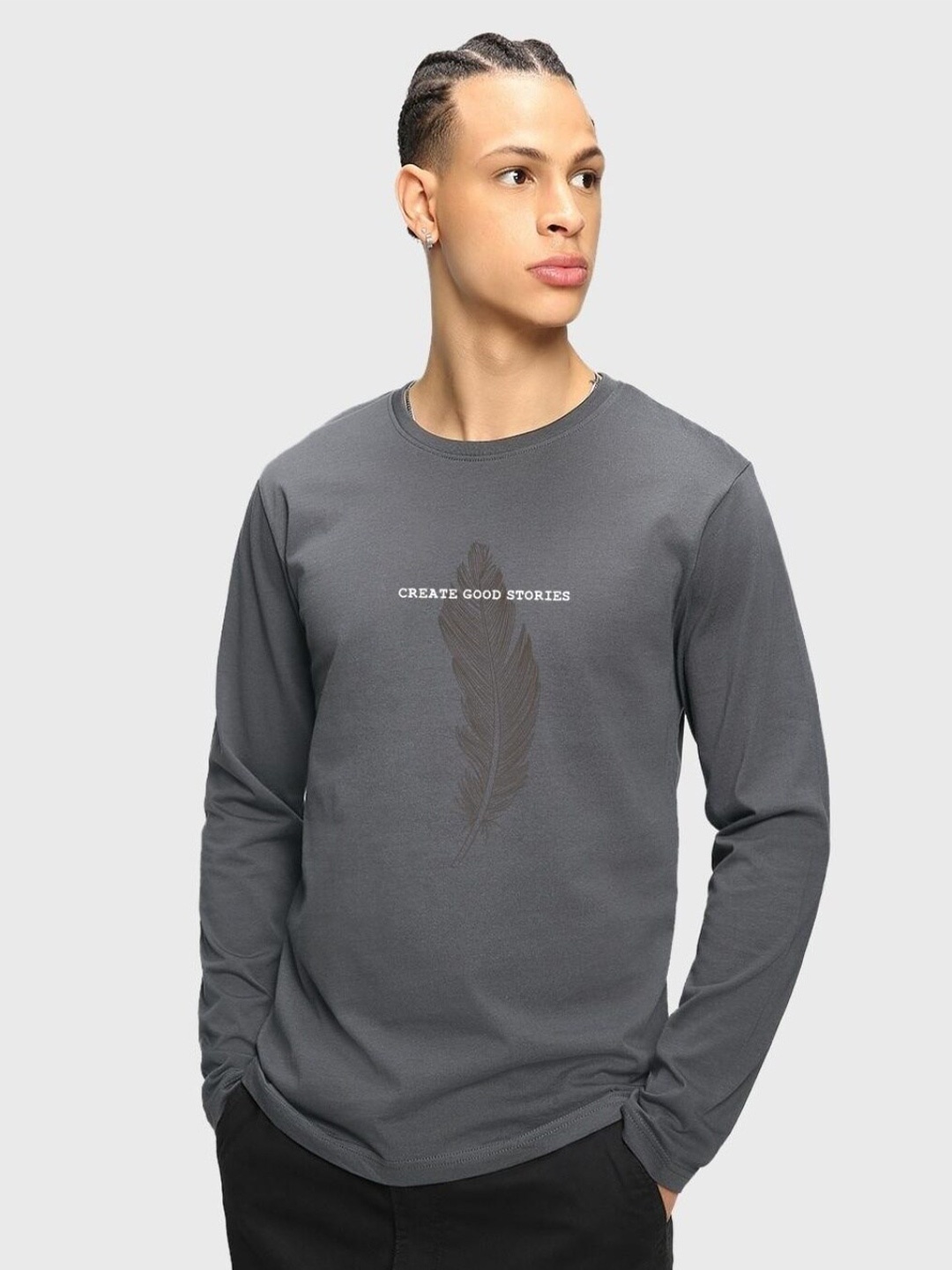 

Bewakoof Grey Round Neck Long Sleeves Cotton T-shirt