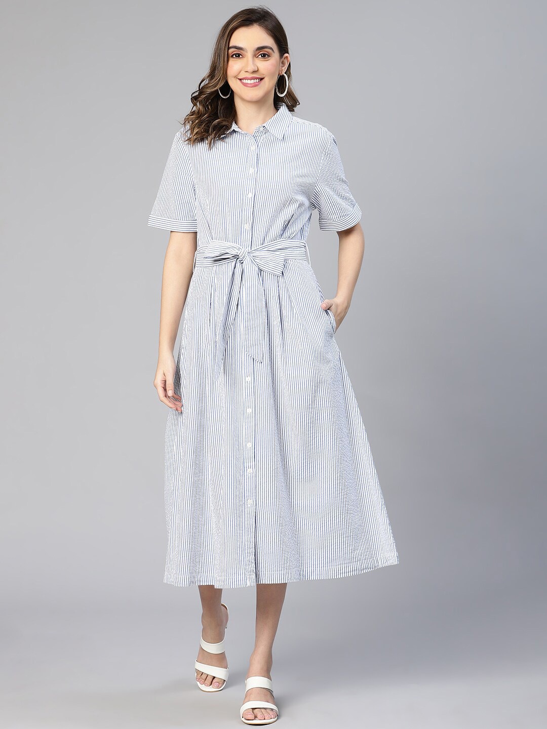 

Oxolloxo Striped Organic Cotton Tie-Up Detail Shirt Midi Dress, Blue