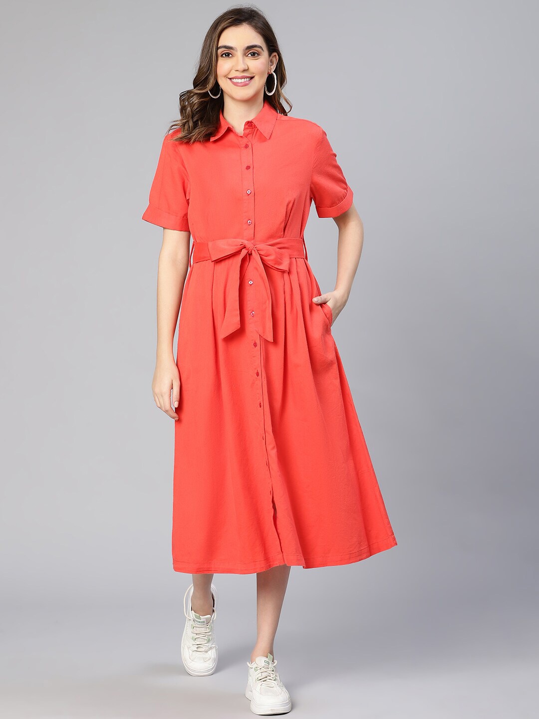 

Oxolloxo Shirt Collar Knot Detail Cotton Linen Shirt Midi Dress, Red