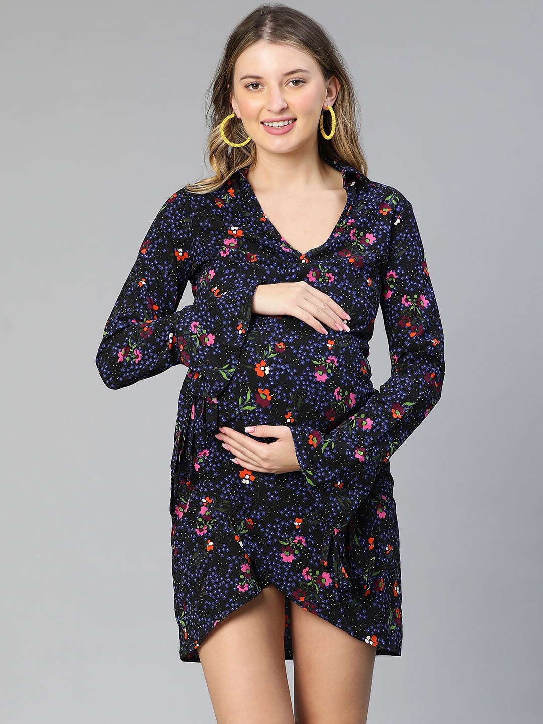 

Oxolloxo Floral Printed V-Neck Bell Sleeves Maternity Mini Wrap Dress, Black