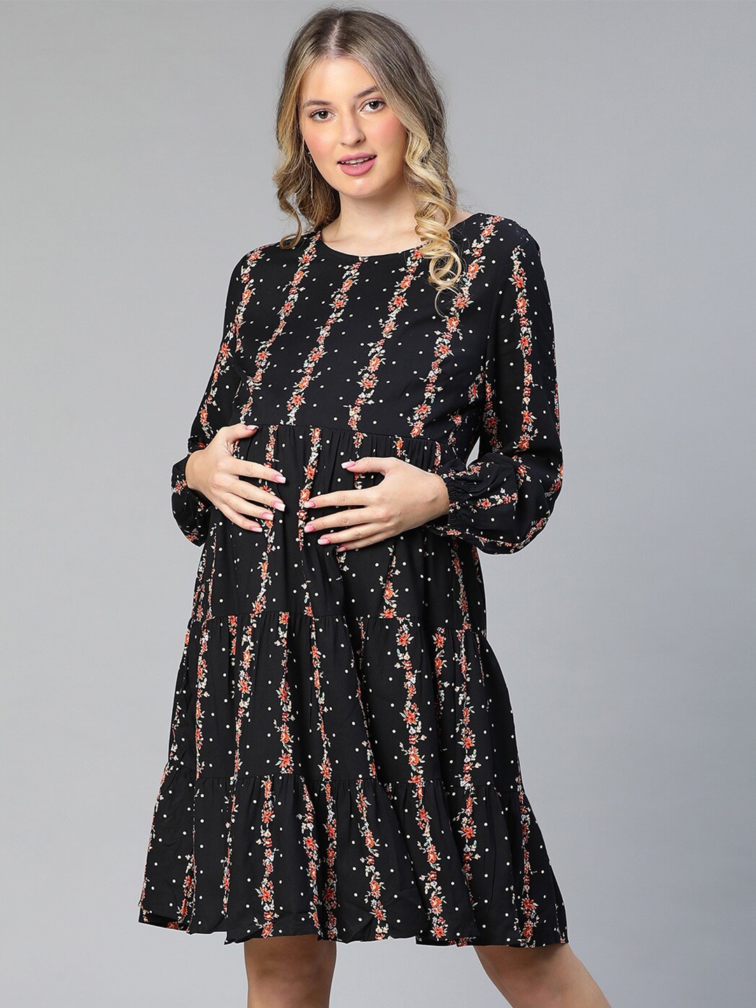 

Oxolloxo Floral Print Maternity A-Line Dress, Black