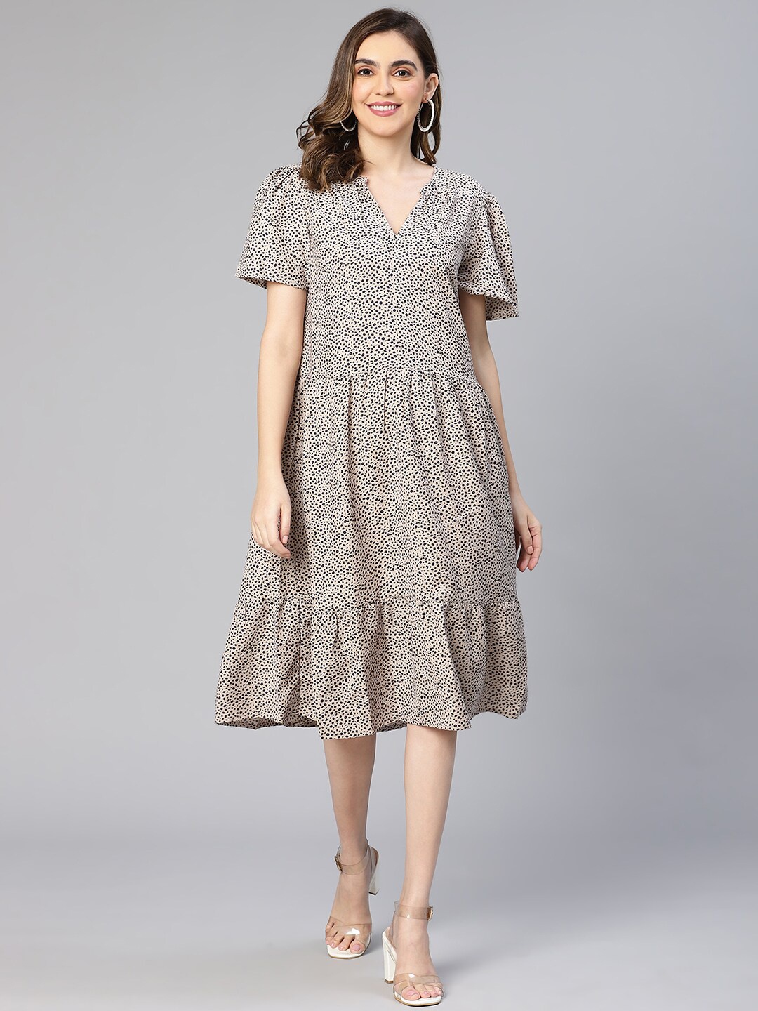 

Oxolloxo Abstract Dot Print Knee Length A-Line Midi Dress, Grey