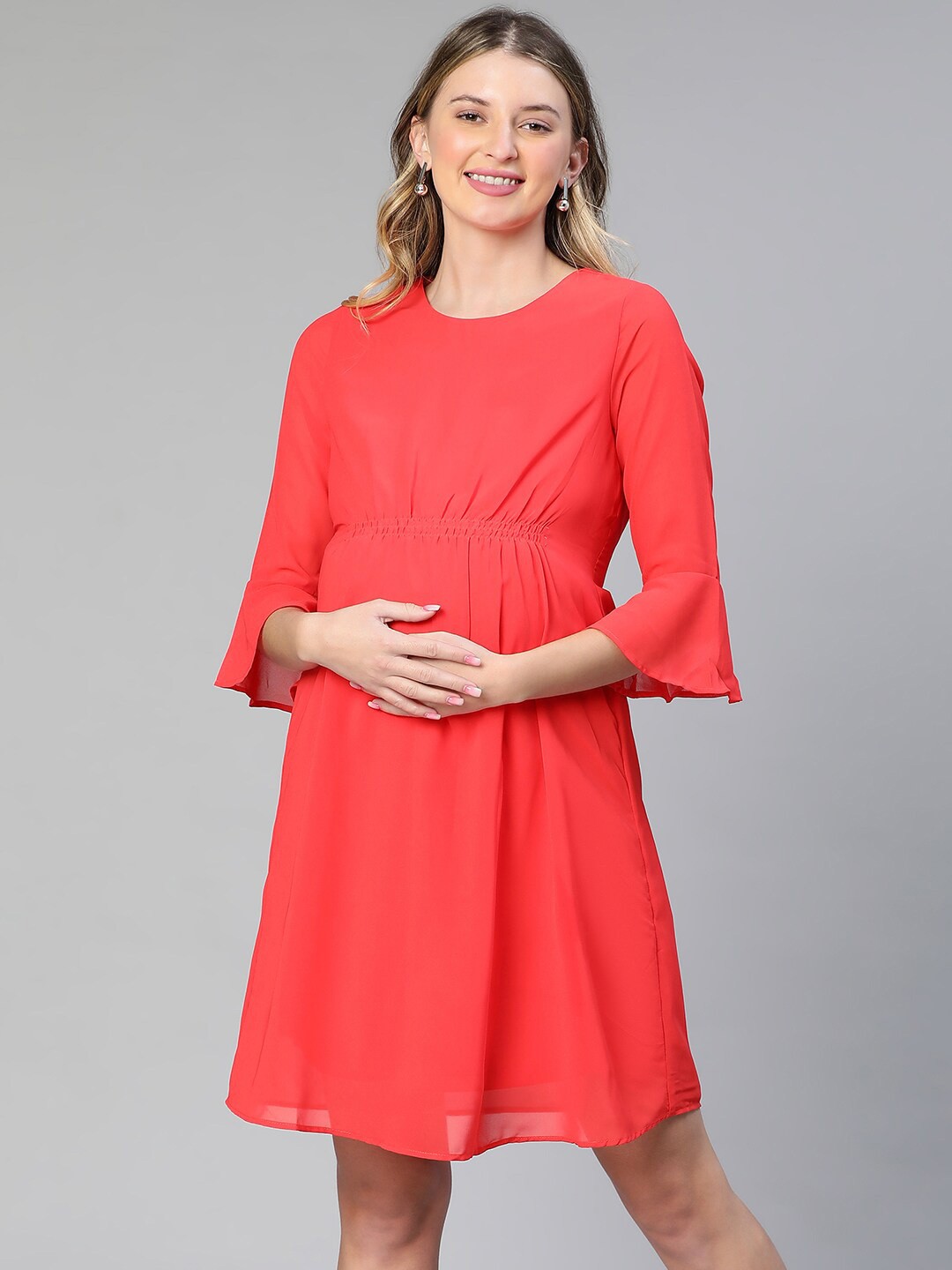 

Oxolloxo Bell Sleeve Smocked Detail Maternity A-Line Dress, Red