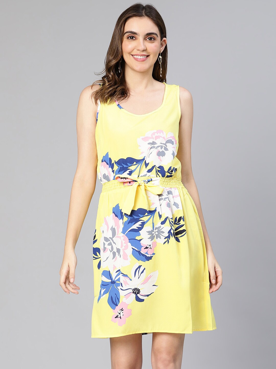 

Oxolloxo Floral Printed Waist Tie-Up A-Line Dress, Yellow