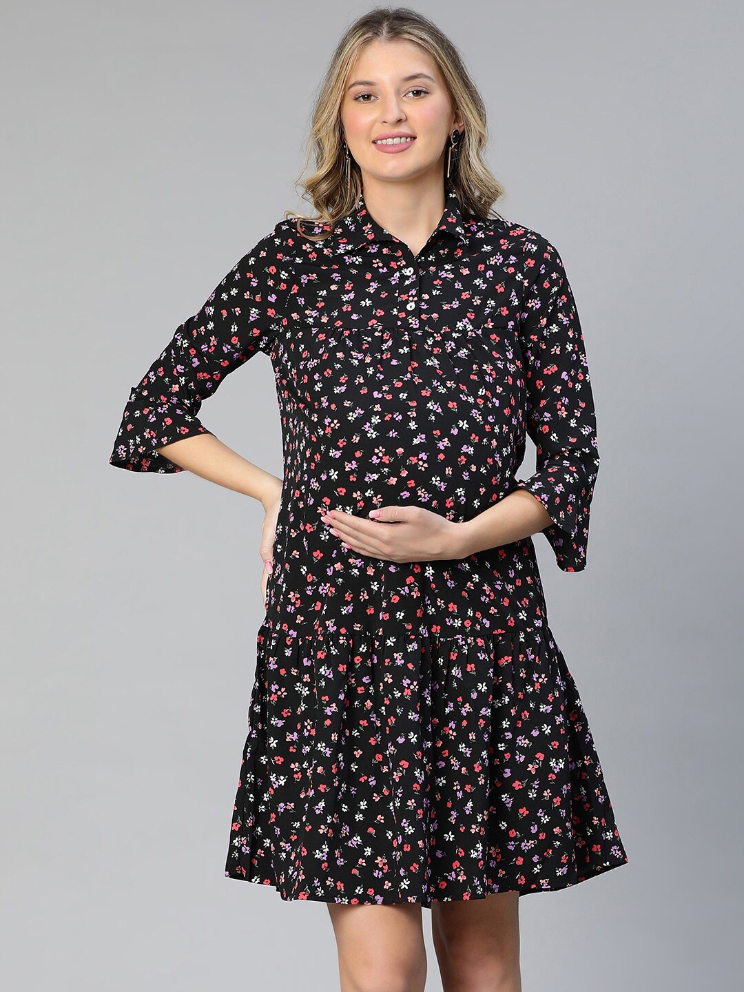 

Oxolloxo Floral Printed Crepe Bell Sleeves Maternity Shirt Dress, Black