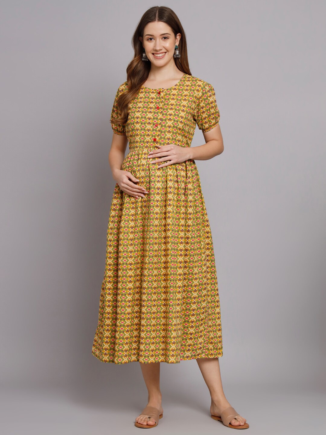 

Vastralay Printed Maternity A-Line Midi Dress, Yellow