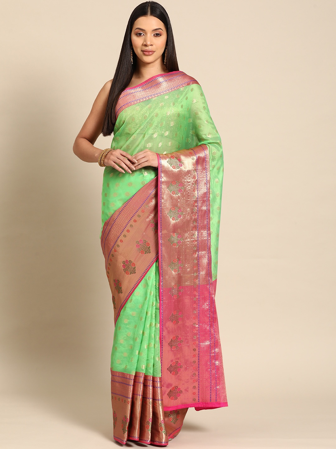 

Silk Land Woven Design Zari Art Silk Banarasi Saree, Green