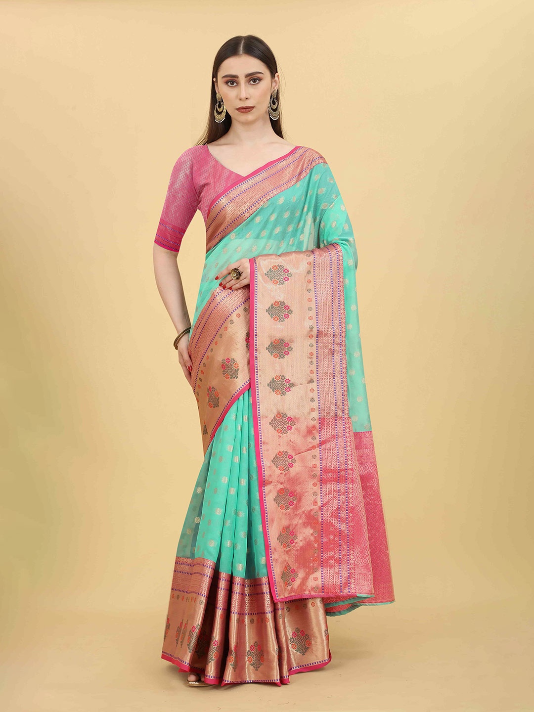 

Silk Land Woven Design Zari Art Silk Banarasi Saree, Green