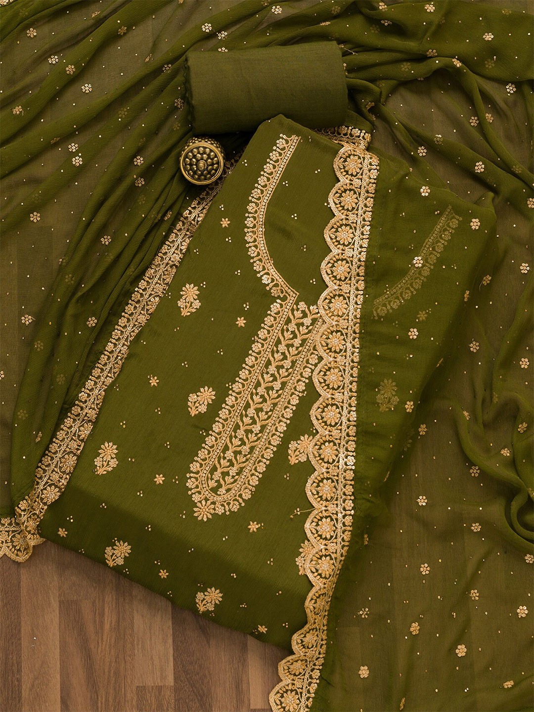 

Koskii Embroidered Sequinned Unstitched Dress Material, Green