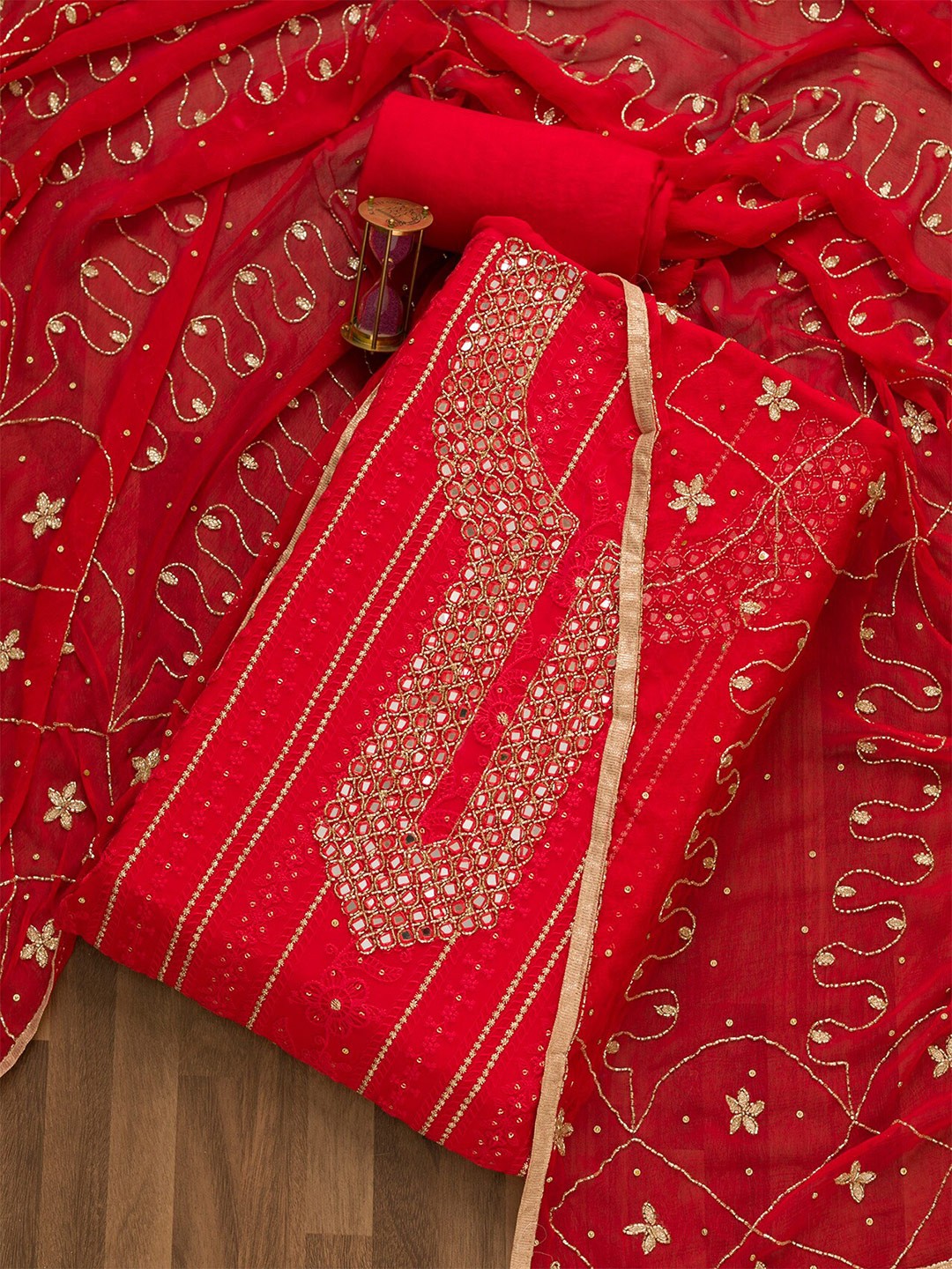 

Koskii Embroidered Mirror Work Unstitched Dress Material, Red