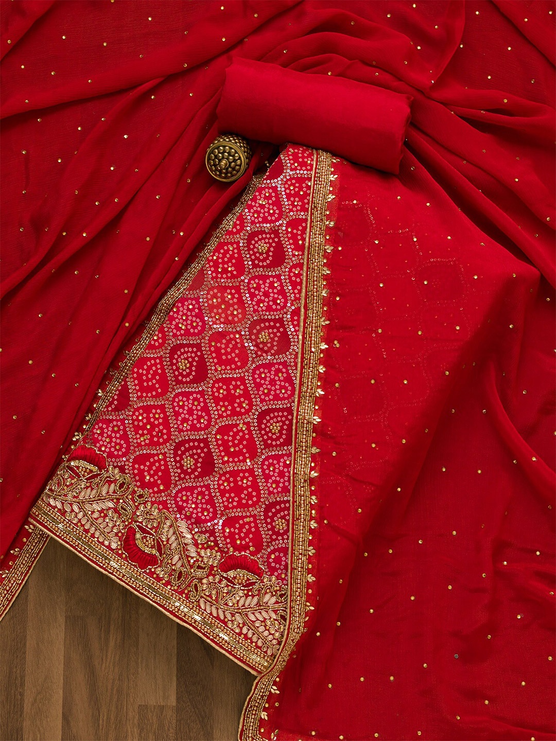 

Koskii Embellished Art Silk Unstitched Dress Material, Red