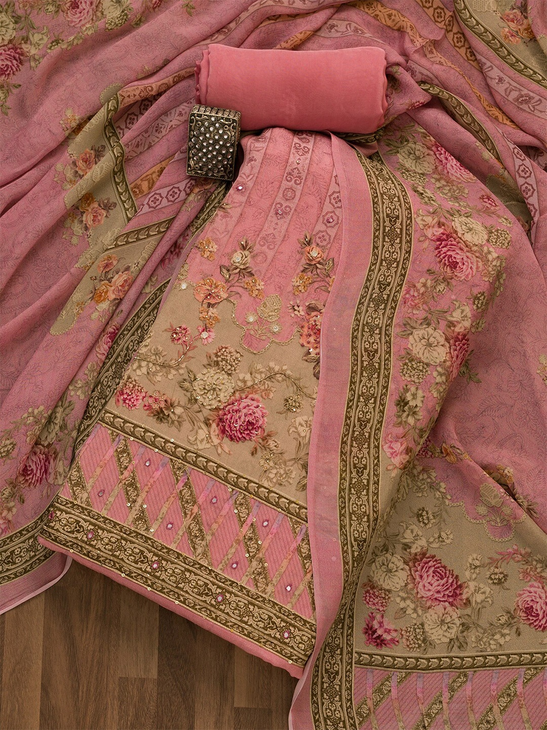 

Koskii Floral Embroidered Mirror Work Unstitched Dress Material, Pink