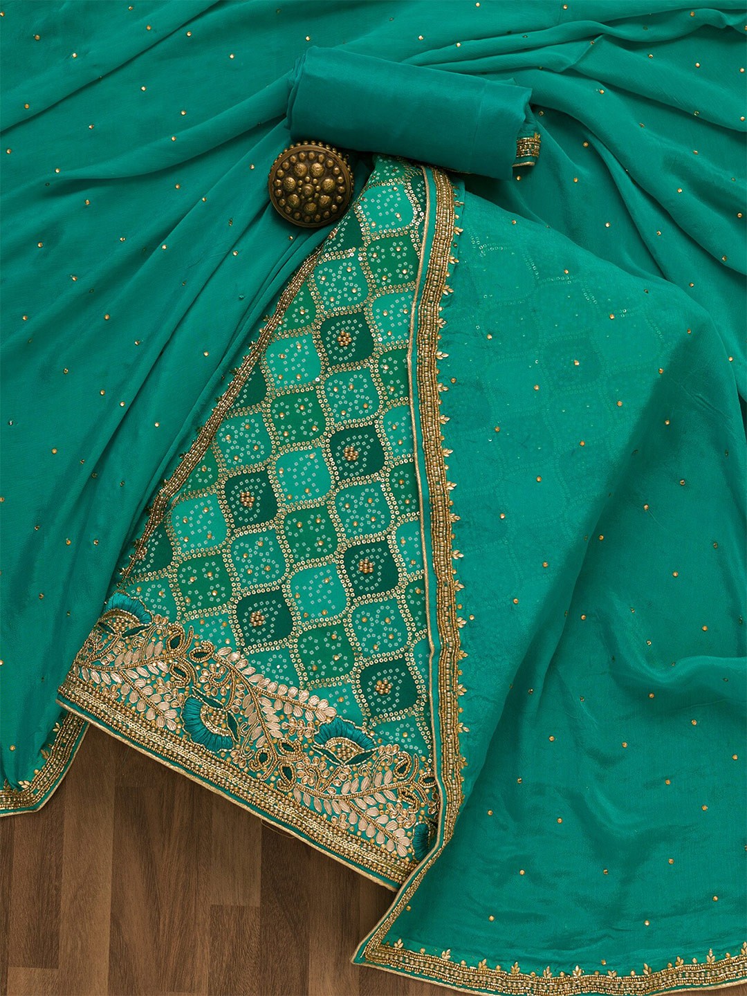 

Koskii Embellished Unstitched Dress Material, Green