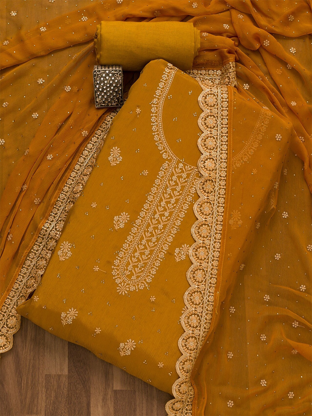 

Koskii Floral Embroidered Unstitched Dress Material, Mustard