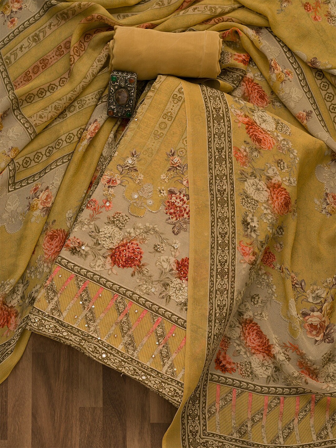 

Koskii Floral Embroidered Beads & Stones Unstitched Dress Material, Mustard