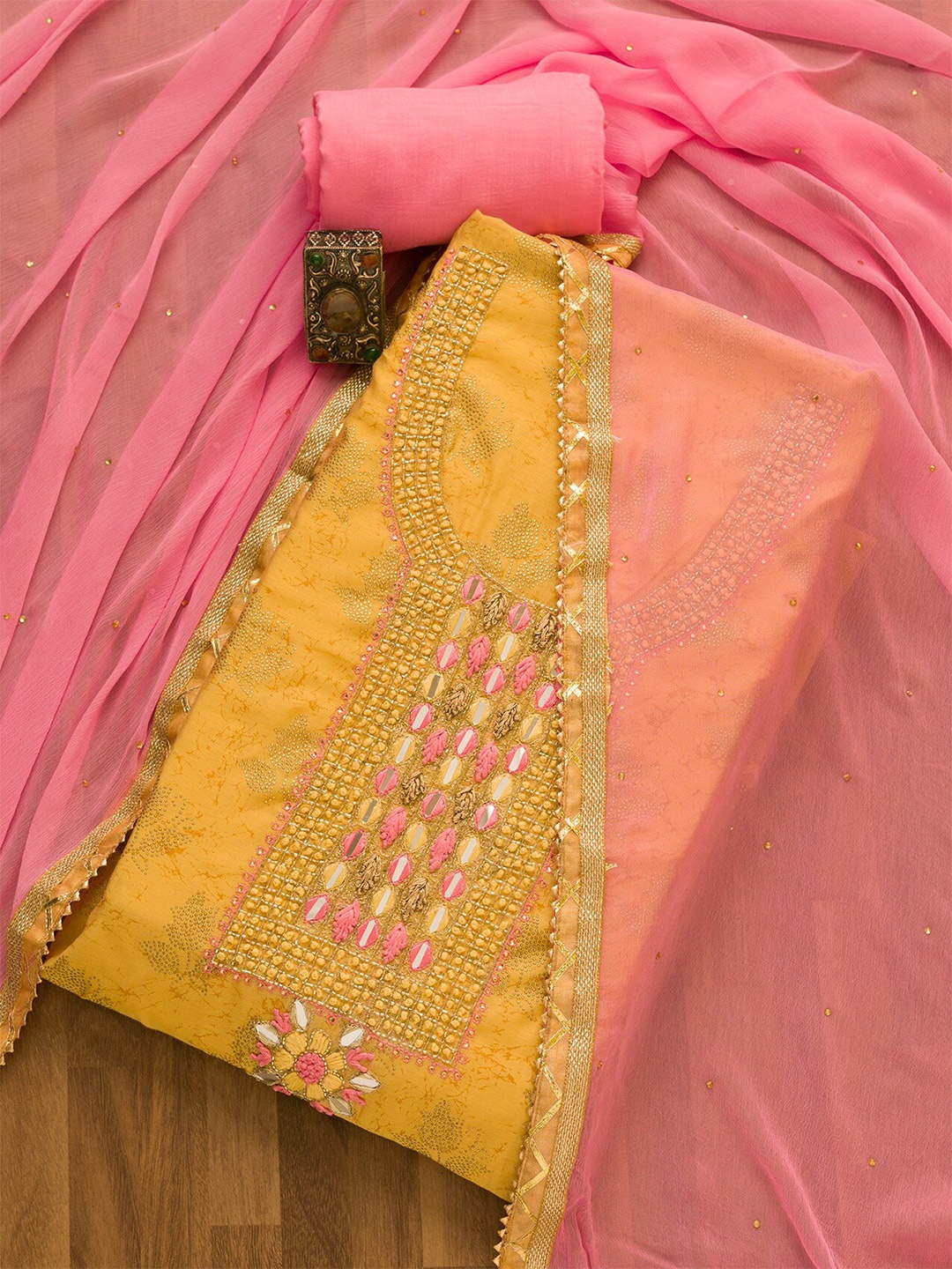 

Koskii Embroidered Unstitched Dress Material, Gold