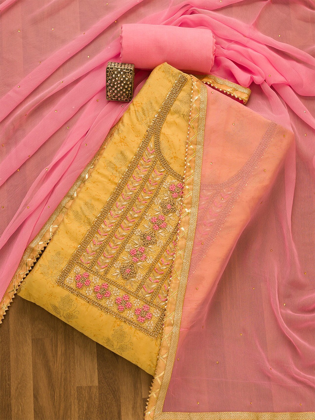 

Koskii Floral Embroidered Unstitched Dress Material, Yellow