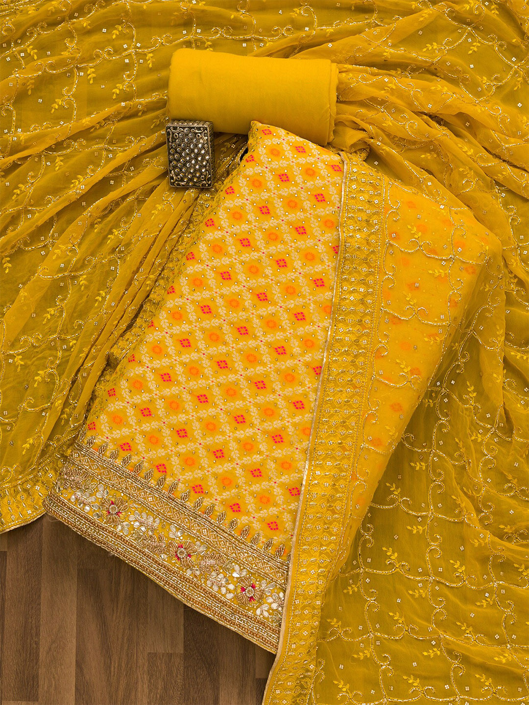 

Koskii Ethnic Motifs Woven Design Art Silk Unstitched Dress Material, Yellow