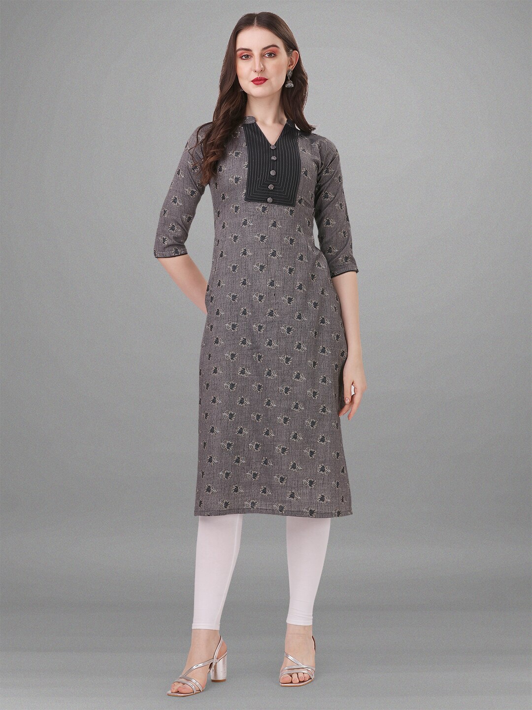 

MotiHamir Floral Embroidered Thread Work Pure Cotton Kurta, Grey