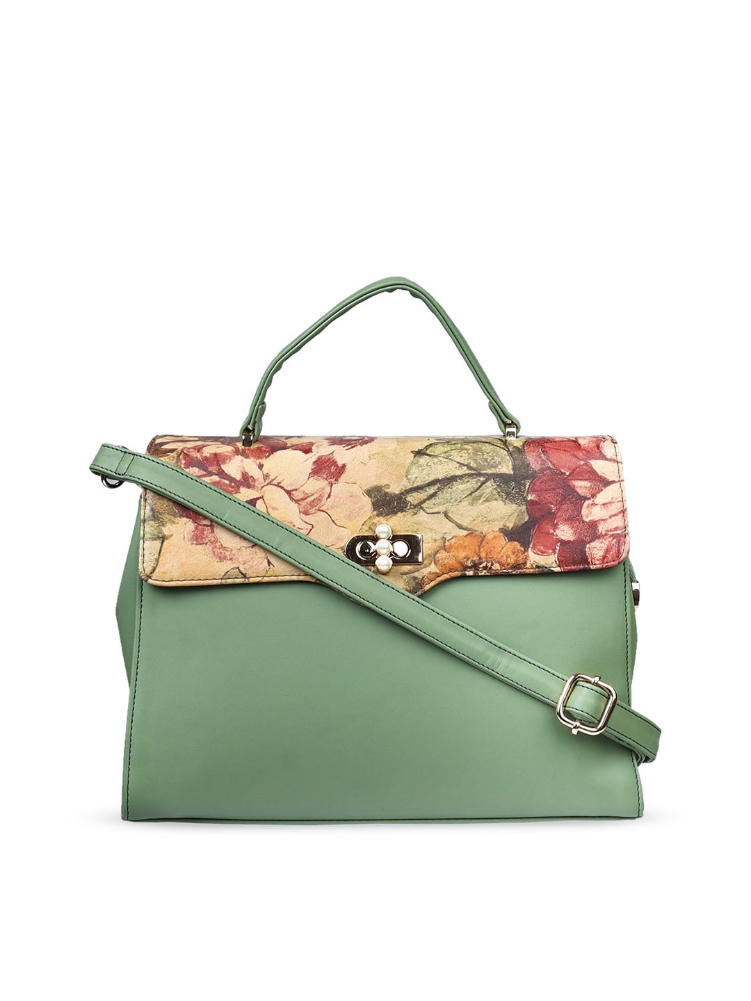 

LEGAL BRIBE Floral Printed Structured Satchel Bag, Green