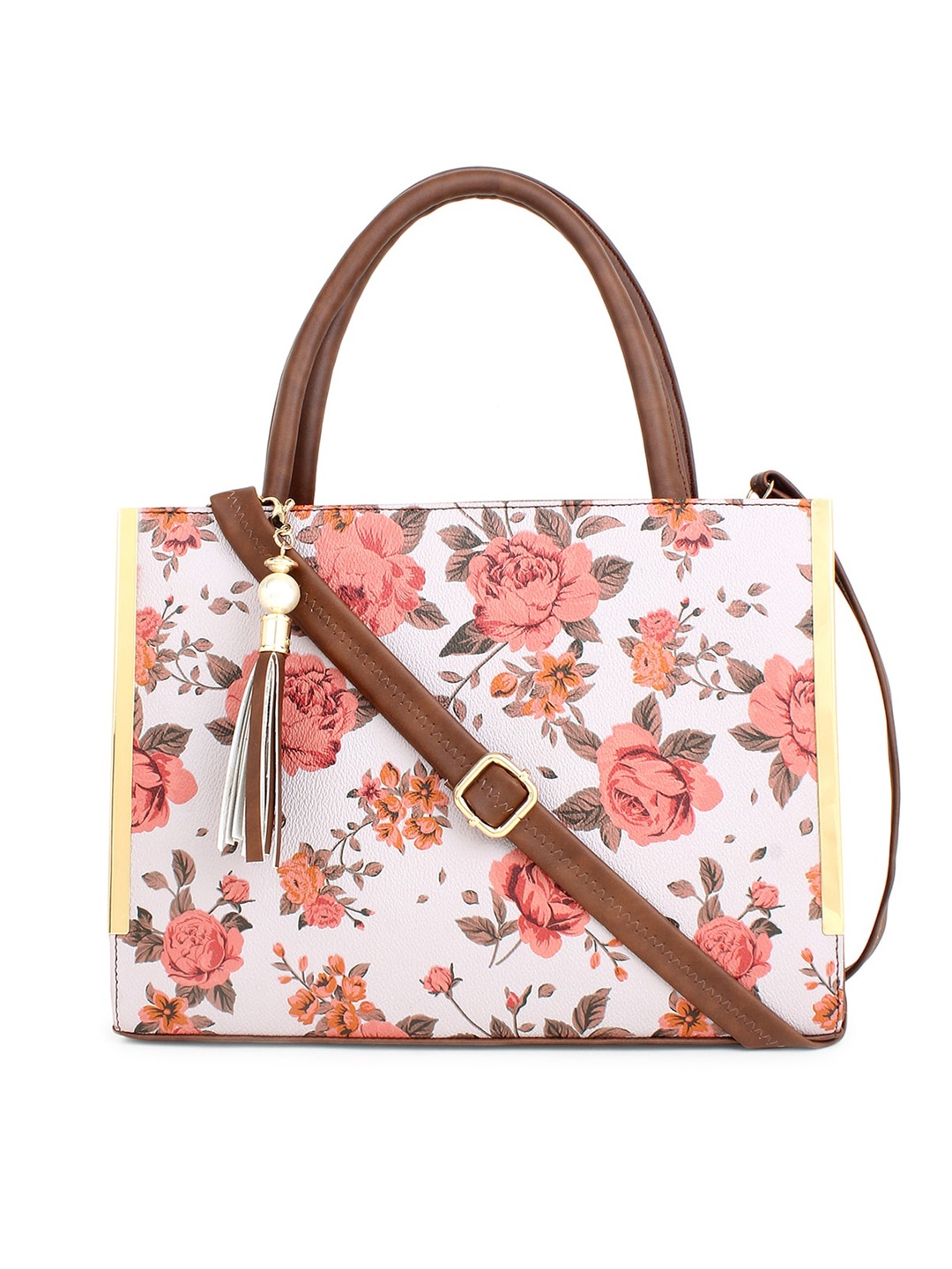 

LEGAL BRIBE Floral Printed PU Shopper Handheld Bag, Tan