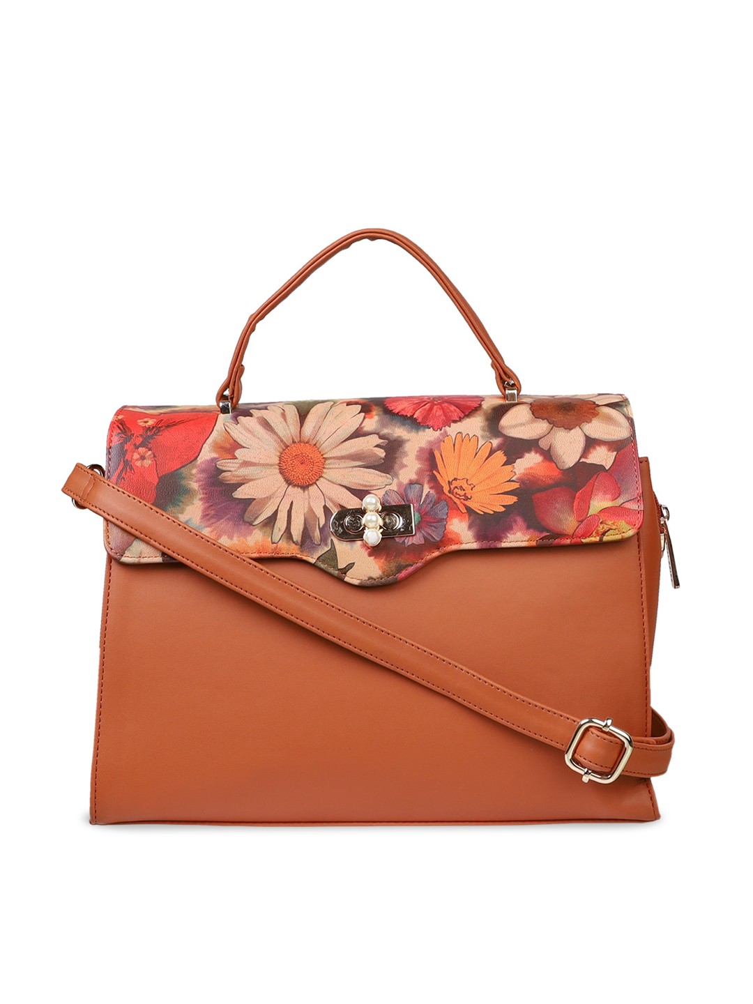 

LEGAL BRIBE Floral Printed PU Structured Satchel, Tan
